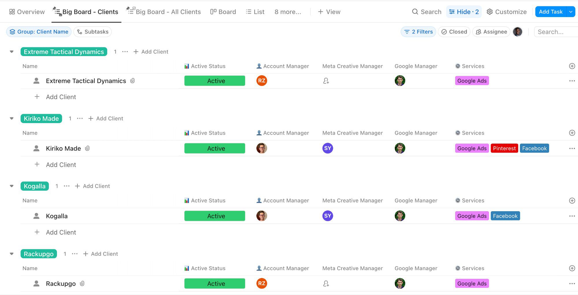 The Big Board - Real Client Portfolio View in ClickUp